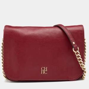 Pre Owned CH Carolina Herrera Dark Red Leather Flap Chain Shoulder Bag