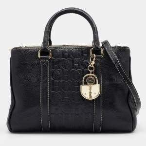 Pre Owned CH Carolina Herrera Black Monogram Embossed Leather Matteo Tote