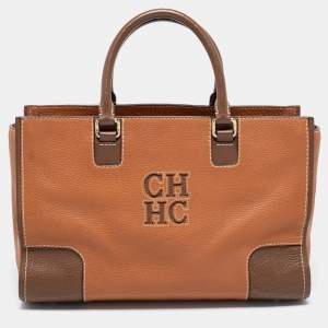 Pre Owned CH Carolina Herrera Brown Leather Front Logo Tote