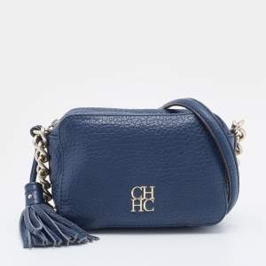 Pre Owned CH Carolina Herrera Navy Blue Pebbled Leather Camera Tassel Shoulder Bag