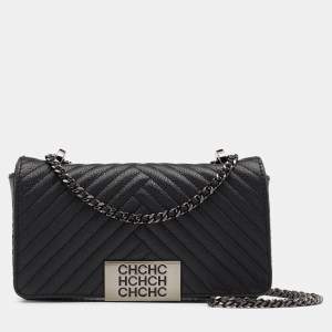 Pre Owned CH Carolina Herrera Black Chevron Leather Bimba Flap Bag