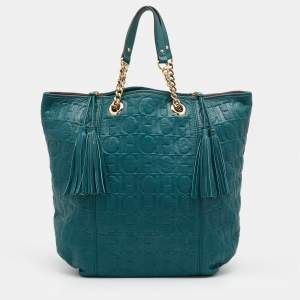 Pre Owned CH Carolina Herrera Teal Green Monogram Embossed Leather Tassel Tote