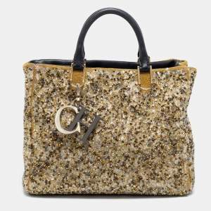 Pre Owned CH Carolina Herrera Gold/Black Leather and Crystal Embellished Duchess Tote