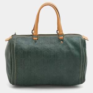 CH Carolina Herrera Green/Beige Monogram Embossed Leather Large Andy Boston Bag