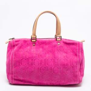 CH Carolina Herrera Pink Monogram Embossed Suede And Leather Andy Boston Bag