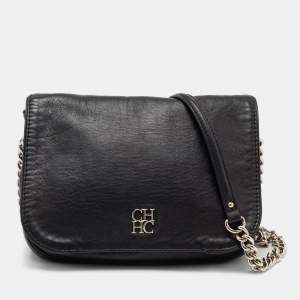 Pre Owned CH Carolina Herrera Black Leather Chain Flap Shoulder Bag