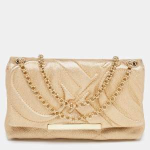 Pre Owned CH Carolina Herrera Metallic Gold Embossed Leather Metal Flap Shoulder Bag