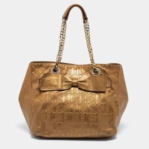 Pre Owned CH Carolina Herrera Gold Monogram Embossed Leather Audrey Tote