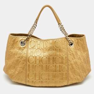 Pre Owned CH Carolina Herrera Gold Monogram Embossed Leather Chain Handle Tote