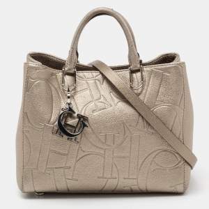 Pre Owned CH Carolina Herrera Metallic Embossed Leather Charm Tote