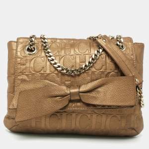 Pre Owned CH Carolina Herrera Gold Monogram Leather Audrey Shoulder Bag