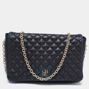 Pre Owned CH Carolina Herrera Black Quilted Leather Flap Chain Shoulder Bag