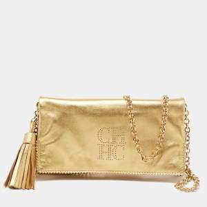 Pre Owned CH Carolina Herrera Metallic Gold Leather Tassel Chain Crossbody Bag