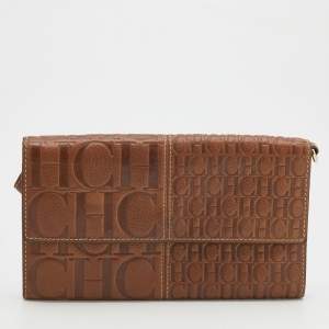 Pre Owned CH Carolina Herrera Brown Monogram Embossed Leather Continental Wallet 