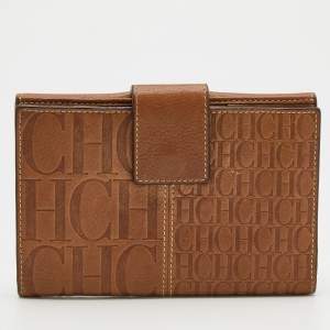 Pre Owned CH Carolina Herrera Light Brown Monogram Leather Bifold Flap Wallet