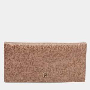 Pre Owned CH Carolina Herrera Beige Leather Flap Bifold Continental Wallet