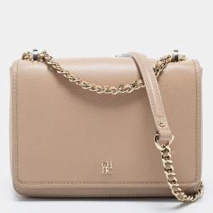 Pre Owned CH Carolina Herrera Beige Leather Flap Shoulder Bag