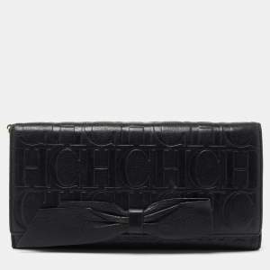 Pre Owned CH Carolina Herrera Black Monogram Embossed Leather Bow Flap Clutch