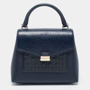Pre Owned CH Carolina Herrera Navy Blue Logo Embossed Leather Flap Top Handle Bag