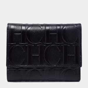 Pre Owned CH Carolina Herrera Black Leather Logo Embossed Trifold Wallet