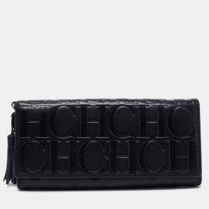 Pre Owned CH Carolina Herrera Black Monogram Embossed Leather Flap Continental Wallet