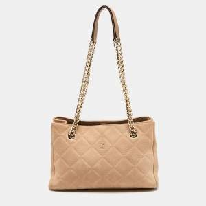 Pre Owned CH Carolina Herrera Beige Quilted Nubuck Leather Chain Tote