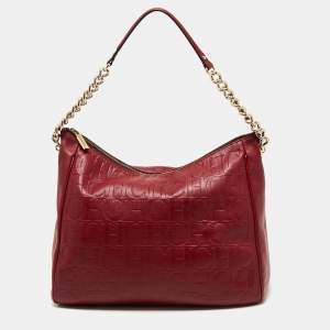 Pre Owned CH Carolina Herrera Burgundy Monogram Embossed Leather Chain Hobo
