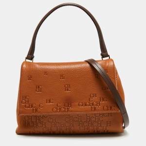 CH Carolina Herrera Brown Logo Embossed Leather Top Handle Bag