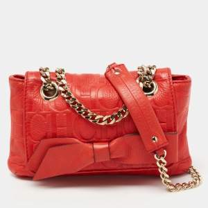 Pre Owned CH Carolina Herrera Red Monogram Embossed Leather Mini Audrey Shoulder Bag