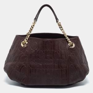 Pre Owned CH Carolina Herrera Brown Logo Embossed Leather Chain Satchel