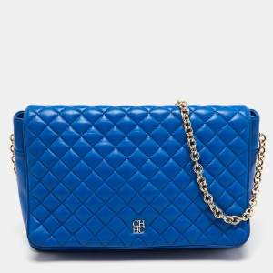 Pre Owned CH Carolina Herrera Blue Quilted Leather Flap Chain Shoulder Bag