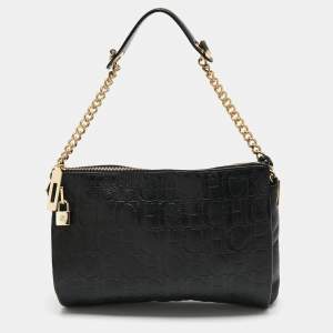 Pre Owned CH Carolina Herrera Black Monogram Leather Shoulder Bag
