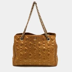 Pre Owned CH Carolina Herrera Gold Logo Embossed Leather Top Zip Chain Tote
