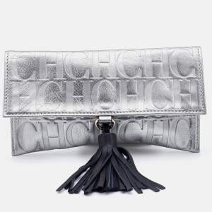 Pre Owned CH Carolina Herrera Metallic Silver Monogram Leather Tassel Clutch