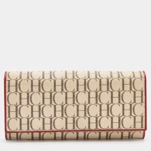 Pre Owned CH Carolina Herrera Cream/Red Monogram Coated Canvas Continental Wallet