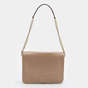 Pre Owned CH Carolina Herrera Beige Leather Chain Flap Shoulder Bag