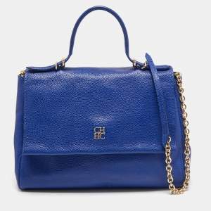 CH Carolina Herrera Blue Leather Minuetto Flap Top Handle Bag
