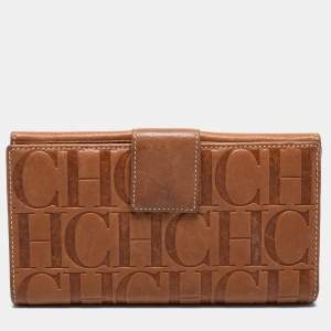 Pre Owned CH Carolina Herrera Brown Monogram Embossed Leather Flap Continental Wallet
