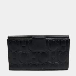 Pre Owned CH Carolina Herrera Black Monogram Leather Bifold Flap Wallet