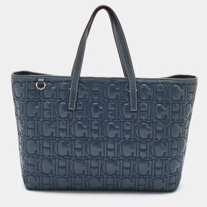 Pre Owned CH Carolina Herrera Navy Blue Monogram Quilted Leather Shopper Tote