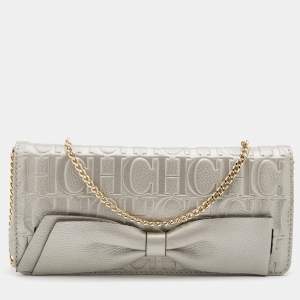 Pre Owned CH Carolina Herrera Metallic Grey Monogram Leather Bow Chain Clutch