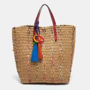 Pre Owned CH Carolina Herrera Multicolor Woven Straw and Leather Tote