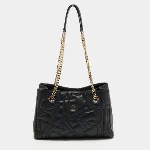 Pre Owned CH Carolina Herrera Black Logo Embossed Leather Chain Tote