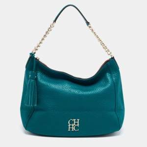 Pre Owned CH Carolina Herrera Green Grained Leather Zip Hobo