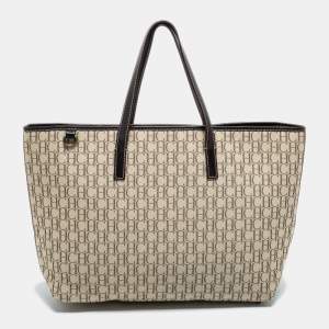 Pre Owned CH Carolina Herrera Beige/Dark Brown Monogram Canvas and Leather Shopper Tote