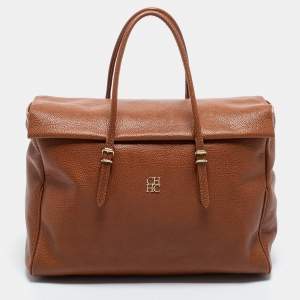 Pre Owned CH Carolina Herrera Brown Pebbled Leather Flap Satchel