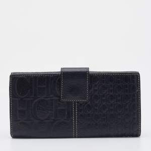 Pre Owned CH Carolina Herrera Black Leather Flap Continental Wallet