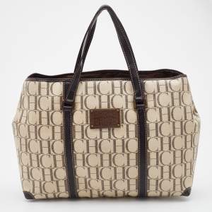 Pre Owned CH Carolina Herrera Beige/Brown Monogram Coated Canvas and Leather Tote
