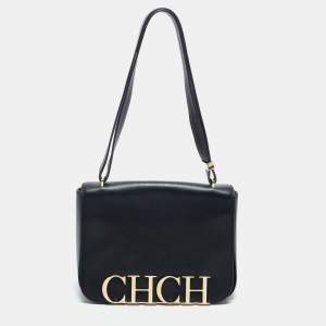 Pre Owned CH Carolina Herrera Black Leather Logo Flap Shoulder Bag