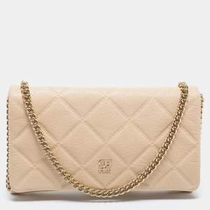 Pre Owned CH Carolina Herrera Beige Quilted Leather Flap Chain Clutch
